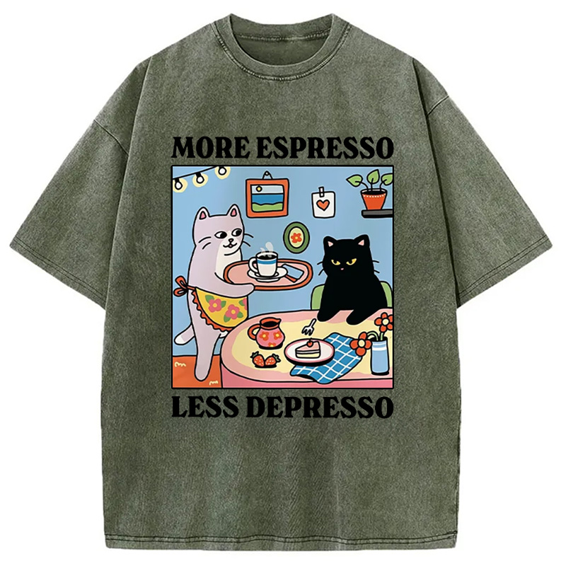 Modecanvas More Espresso Less Depresso Black Cat Kitchen Washed T-Shirt