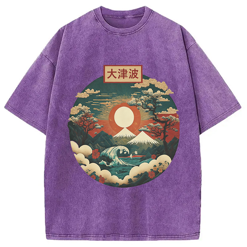Modecanvas Japanese Red Sunset DTG Printing Washed T-Shirt