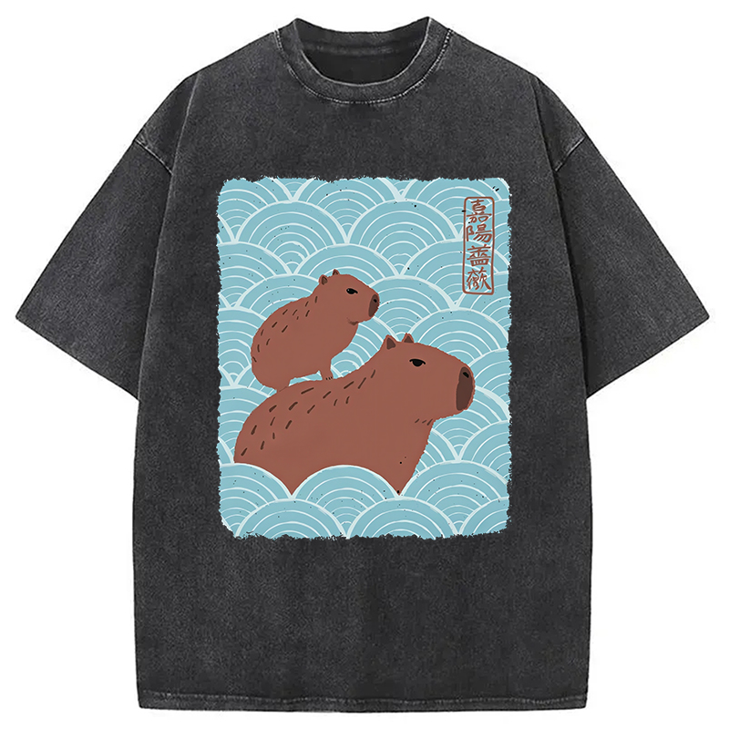 Modecanvas Kawaii Capybara Ukiyo-e Washed T-Shirt