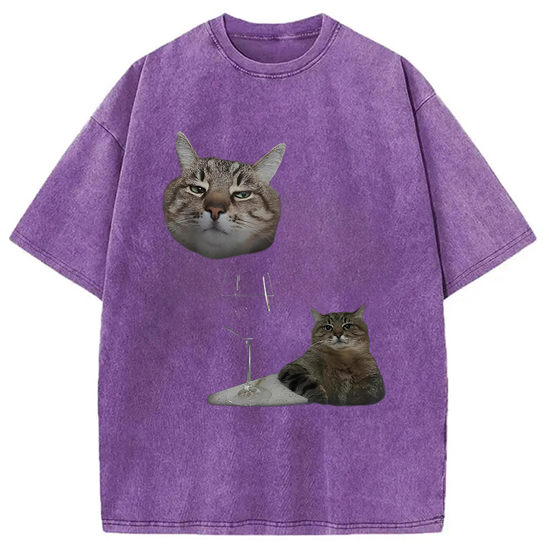 Modecanvas Funny Cat And Wine Art Cats Drinking Washed T-Shirt