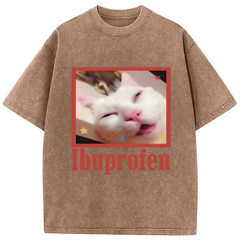 Modecanvas Ibuprofen Meme Cat Benny Cute Washed T-Shirt-modecanvas