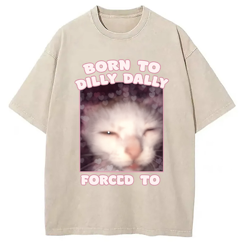 Modecanvas Born to Dilly Dally Cat Meme Washed T-Shirt