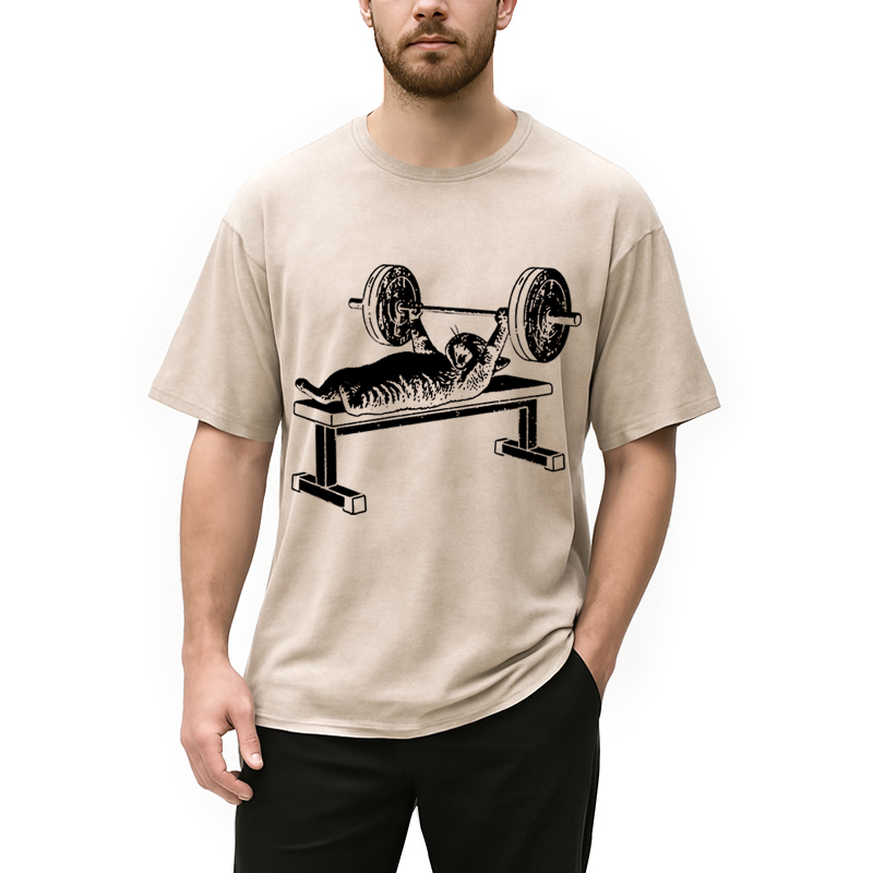 Modecanvas Funny Cat Gym DTG Printing Washed T-Shirt