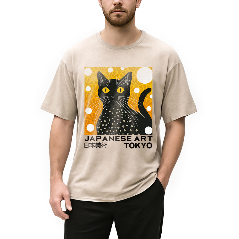 Modecanvas Black Cat Janpanese Art Washed T-Shirt