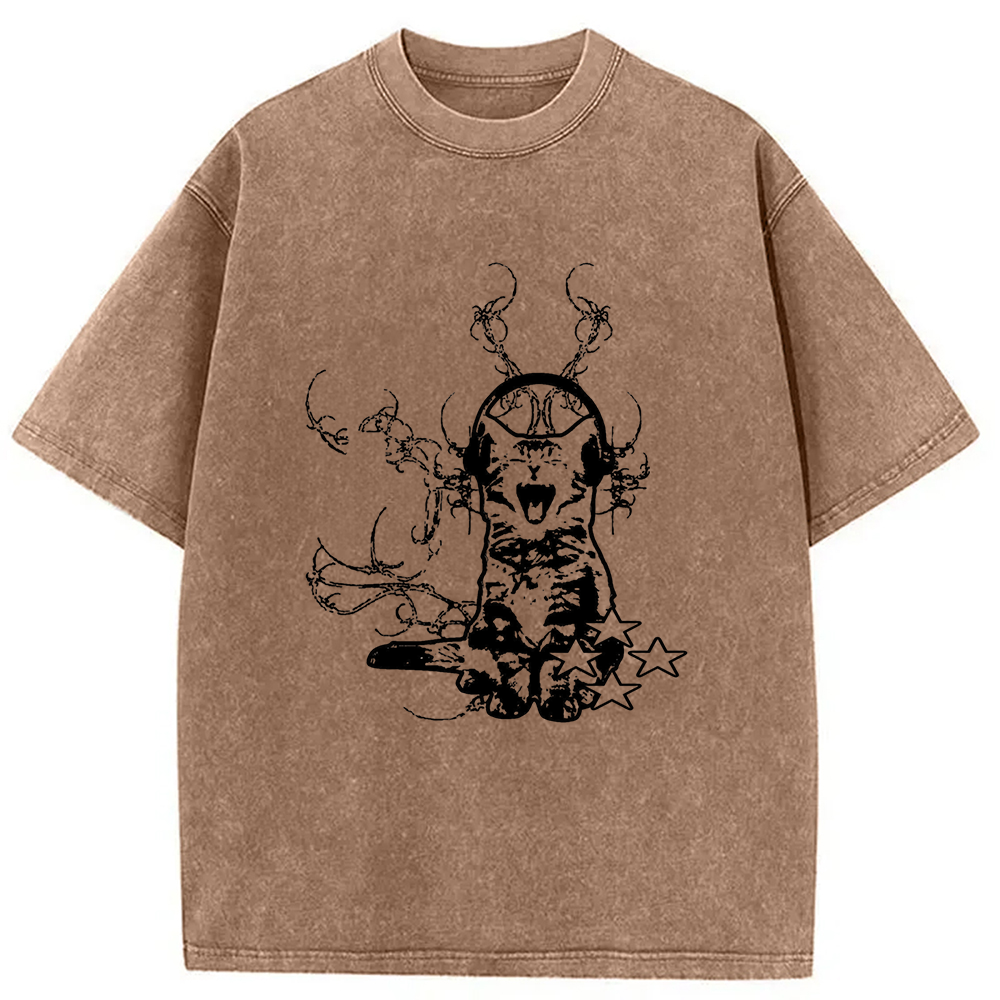 Modecanvas Funny Music Cat Washed T-Shirt