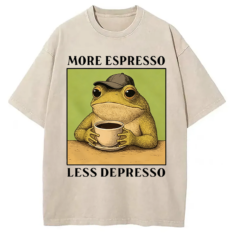 Modecanvas Frog Drinking Coffee Funny DTG Printing Washed T-Shirt
