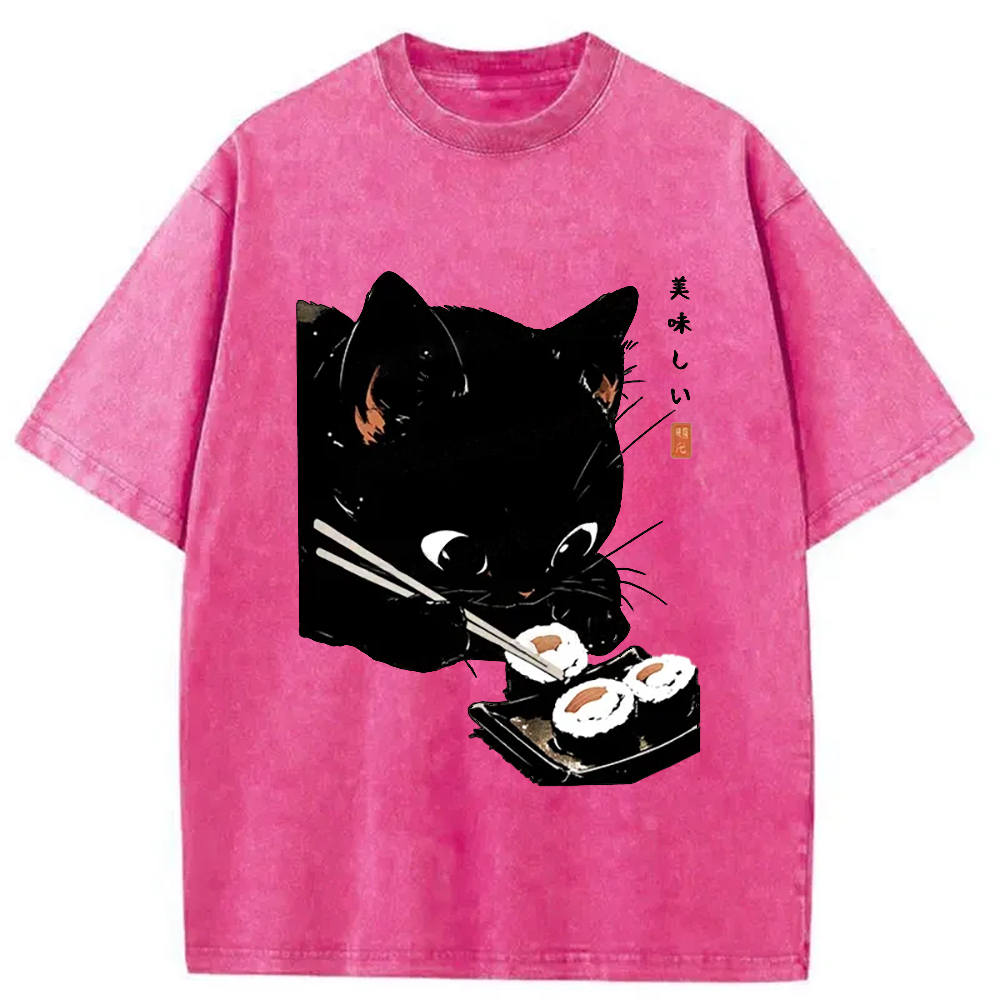 Modecanvas Cat Eating Rice Balls Washed T-Shirt