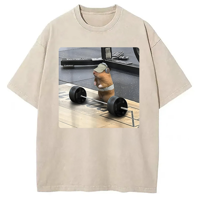 Modecanvas Funny Cute Rat Weightlifting Meme Washed T-Shirt-modecanvas
