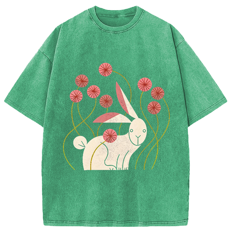 Modecanvas Rabbit and Wildflowers DTG Printing Washed T-Shirt