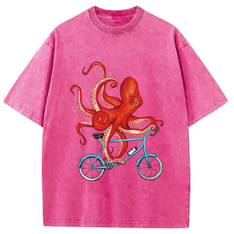 Modecanvas Octopus On A Bicycle Parody Meme DTG Printing Washed T-Shirt-modecanvas