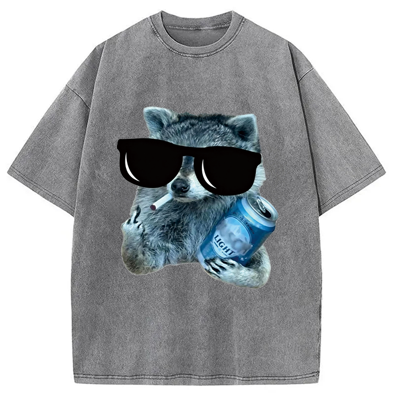 Modecanvas Raccoon Drinking Beer DTG Printing Washed T-Shirt