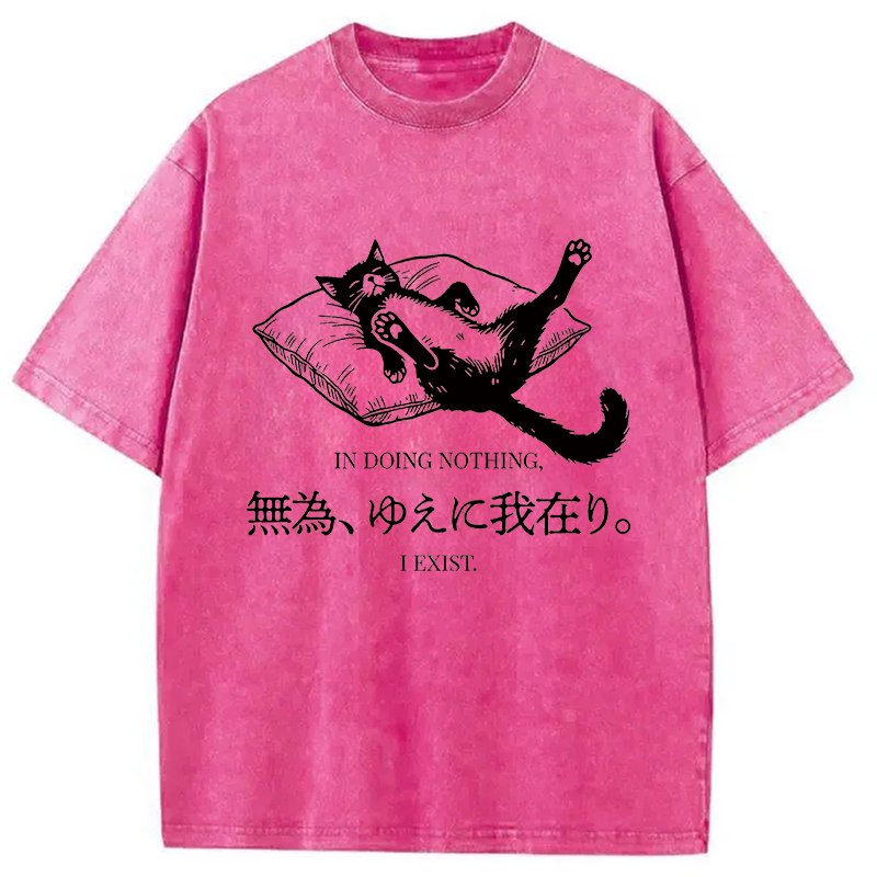 Modecanvas Minimalist Lazy Cat DTG Printing Washed T-Shirt-modecanvas