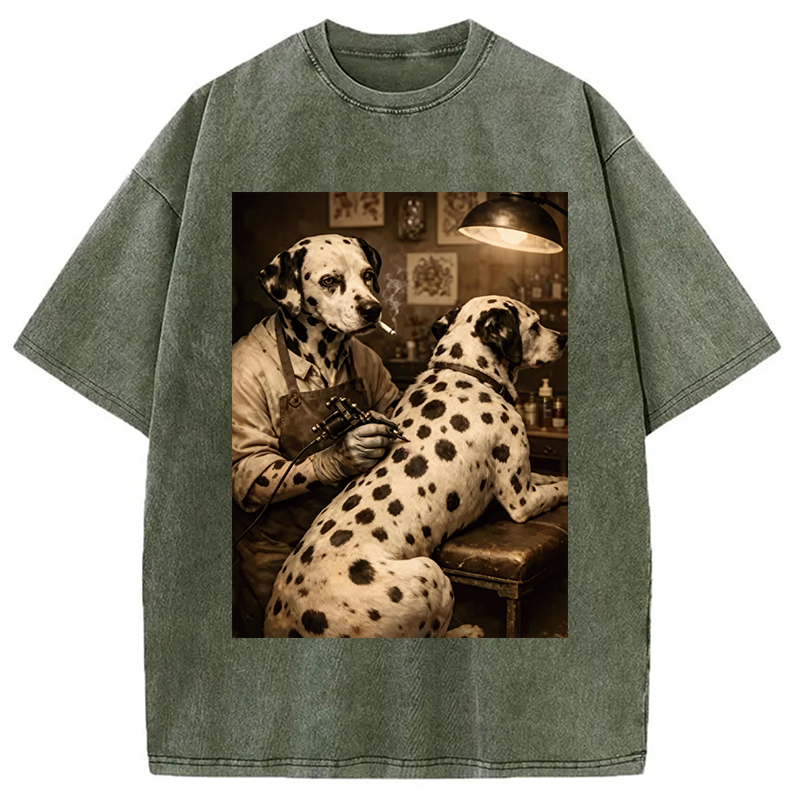 Modecanvas Funny Dalmatian Tattoo Dog DTG Printing Washed T-Shirt