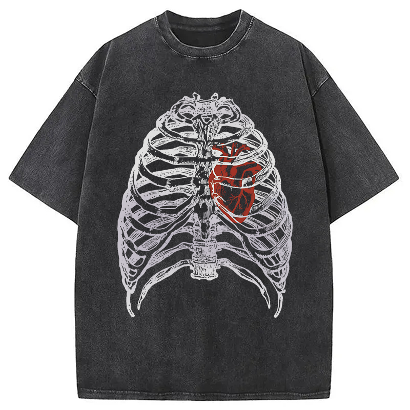 Modecanvas Skeleton Rib Cage Heart DTG Printing Washed T-Shirt-modecanvas