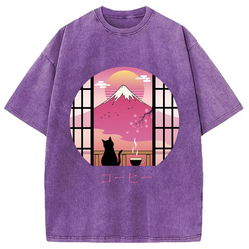 Modecanvas Mount Fuji Black Cat Tea Washed T-Shirt