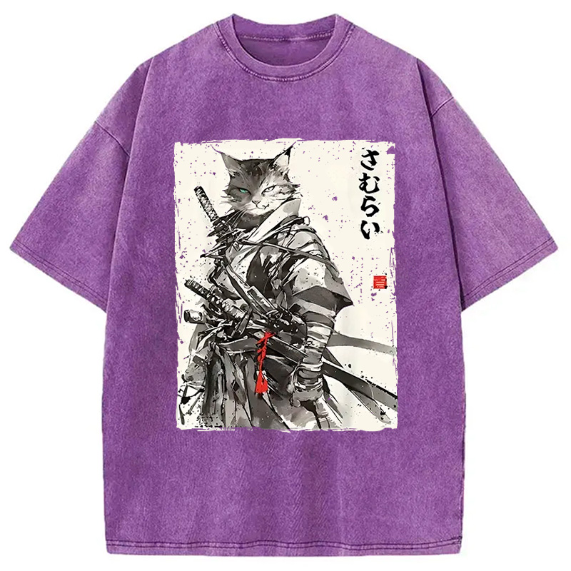 Modecanvas Retro Japanese Cat Samurai Washed T-Shirt