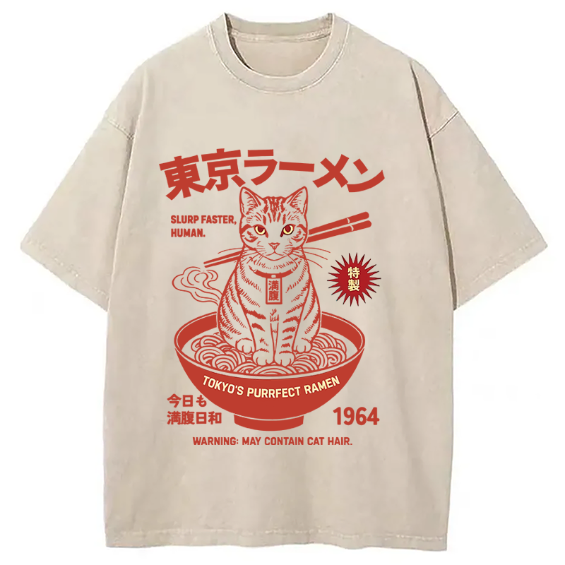 Modecanvas Tokyo Ramen Cat DTG Printing Washed T-Shirt-modecanvas