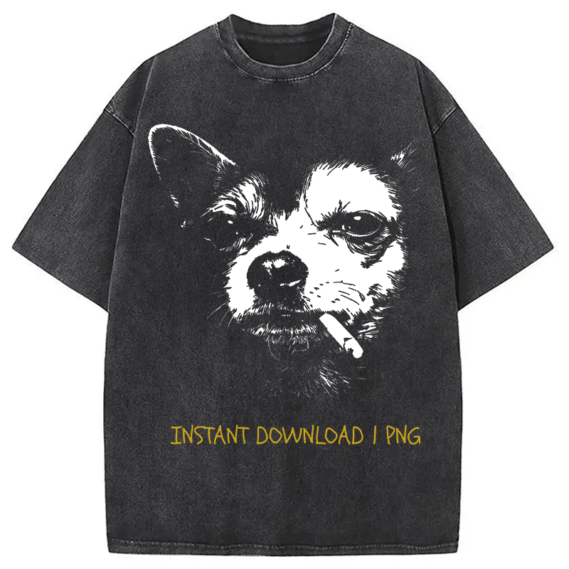 Modecanvas Funny Smoking Chihuahua DTG Printing Washed T-Shirt