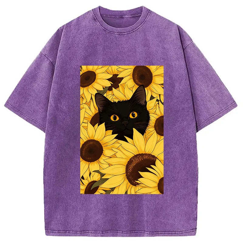 Modecanvas Cat In The Sunflowers Washed T-Shirt
