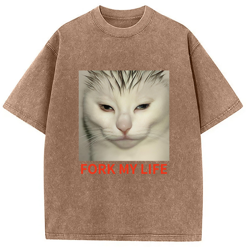 Modecanvas White Cat Fork My Life Washed T-Shirt