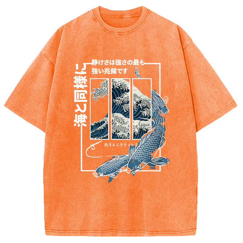 Modecanvas Koi Fish Great Wave DTG Printing Washed T-Shirt