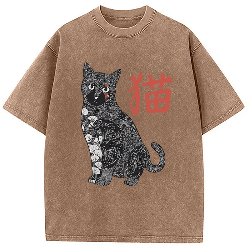 Modecanvas Tattooed Cat Japanese Vintage Washed T-Shirt