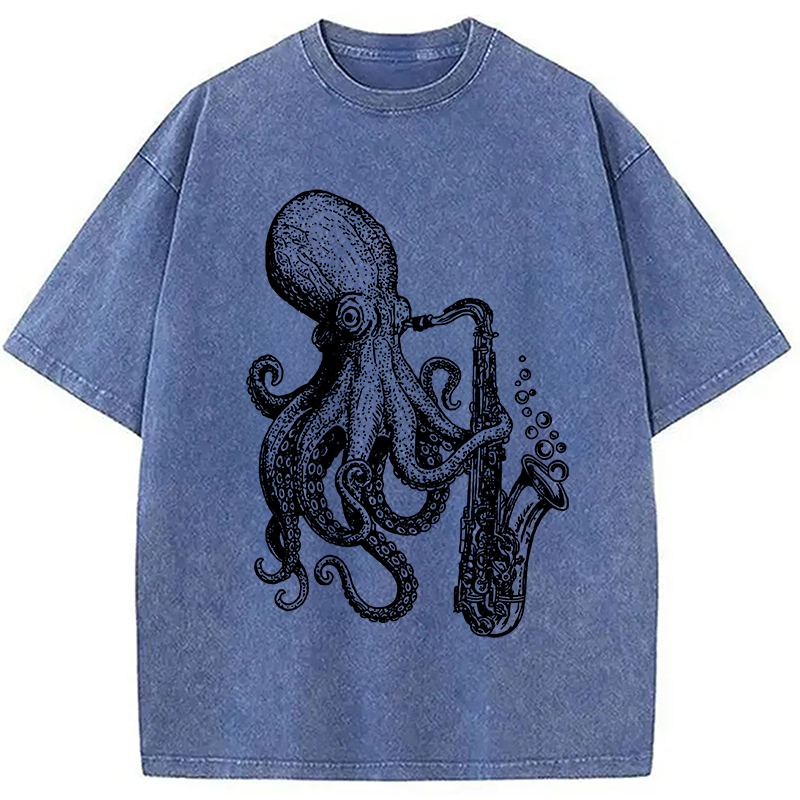 Modecanvas Octopus Playing Saxophone Washed T-Shirt