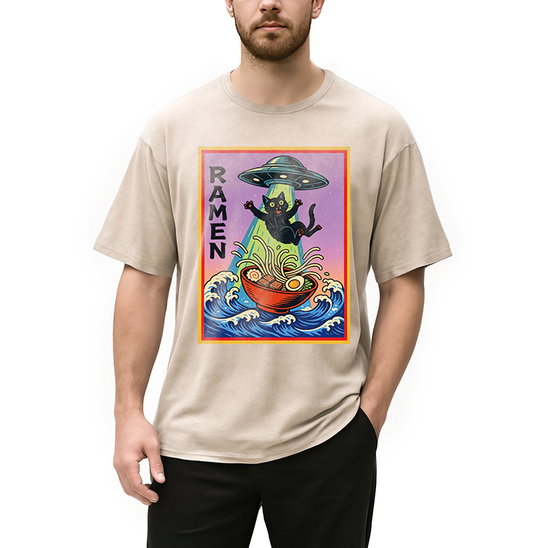 Modecanvas UFO Catching the Ramen Black Cat DTG Printing Washed T-Shirt