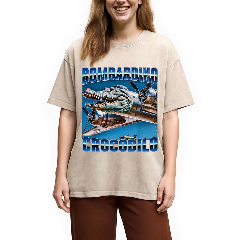 Modecanvas Bombardino Crocodilo Italian Brainrot Meme DTG Printing Washed T-Shirt