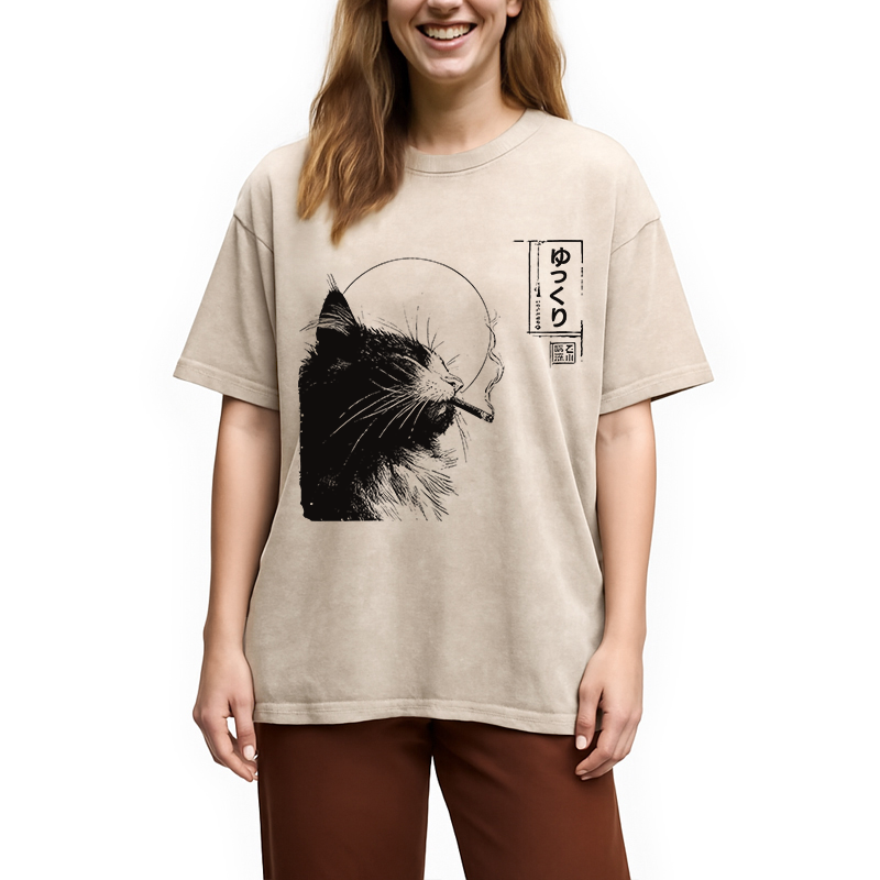 Modecanvas Stay Chill Smoking Cat DTG Printing Washed T-Shirt-modecanvas
