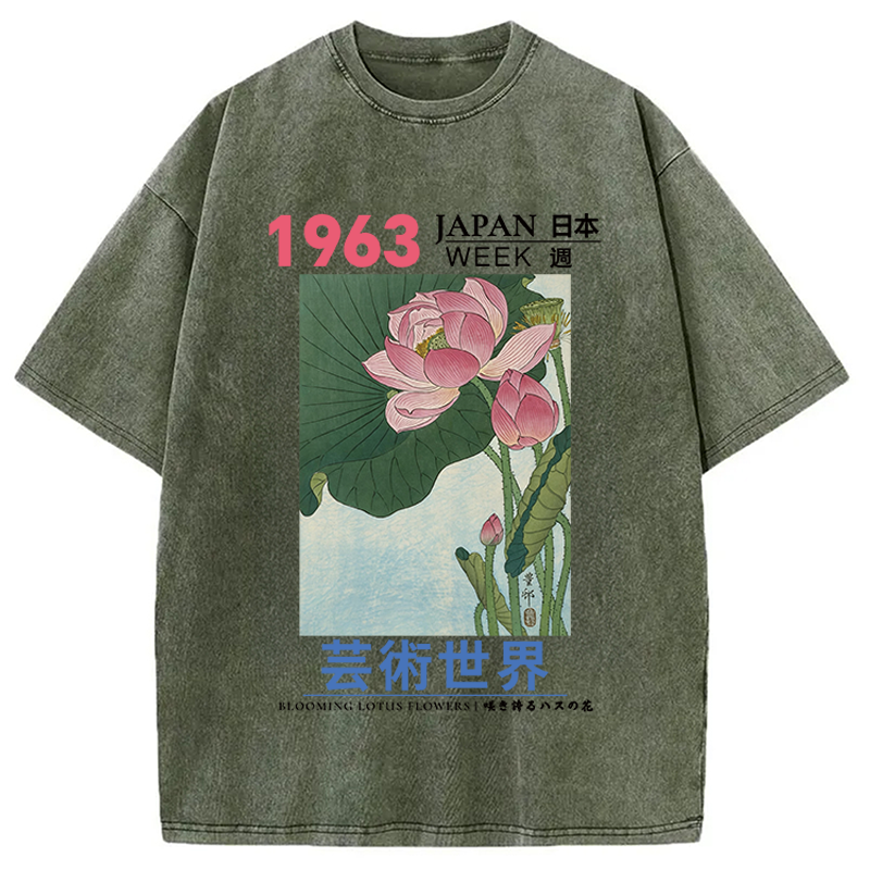 Modecanvas Blooming Lotus Flowers DTG Printing Washed T-Shirt