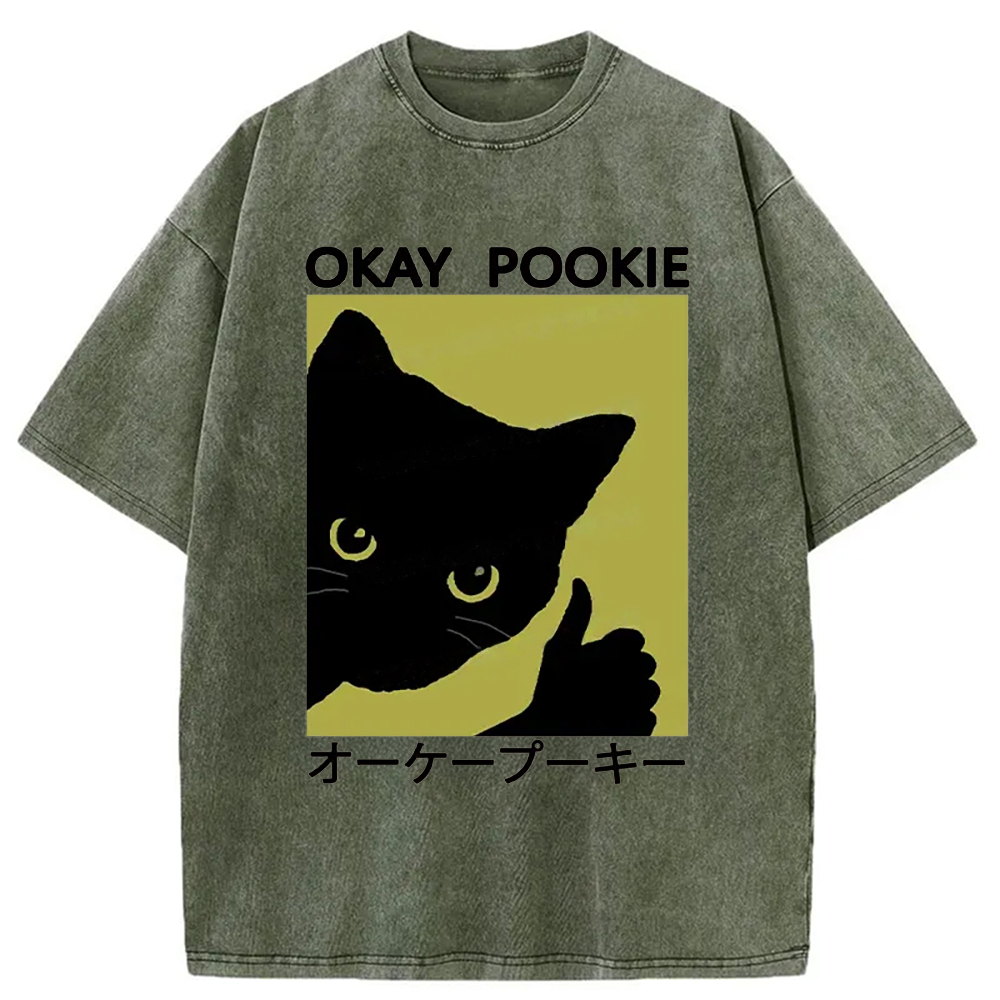 Modecanvas Okay Pookie Cat Washed T-Shirt-modecanvas