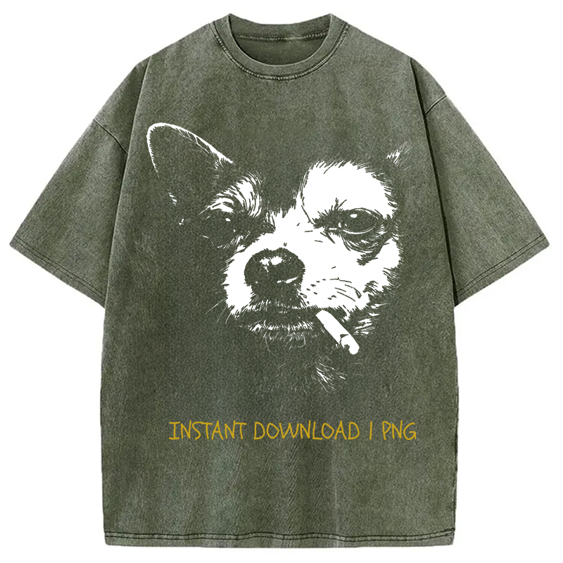 Modecanvas Funny Smoking Chihuahua DTG Printing Washed T-Shirt