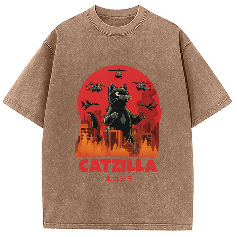 Modecanvas Catzilla Cat Japanese Vintage Washed T-Shirt