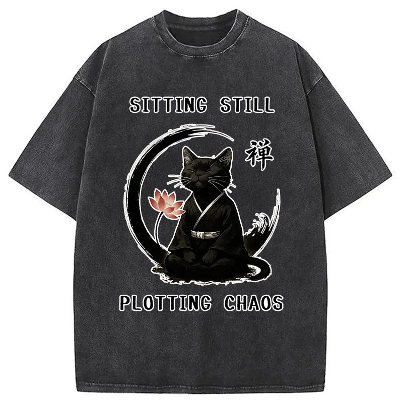Modecanvas Sitting Calming Zen Cat Washed T-Shirt