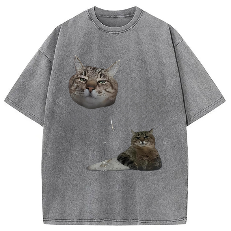 Modecanvas Funny Cat And Wine Art Cats Drinking Washed T-Shirt