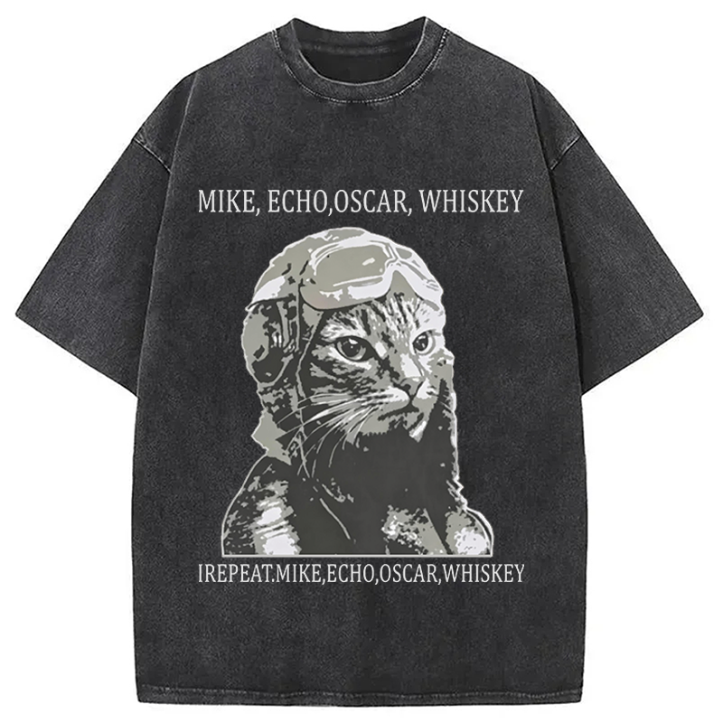Modecanvas Funny Pilot Cat Meme DTG Printing Washed T-Shirt