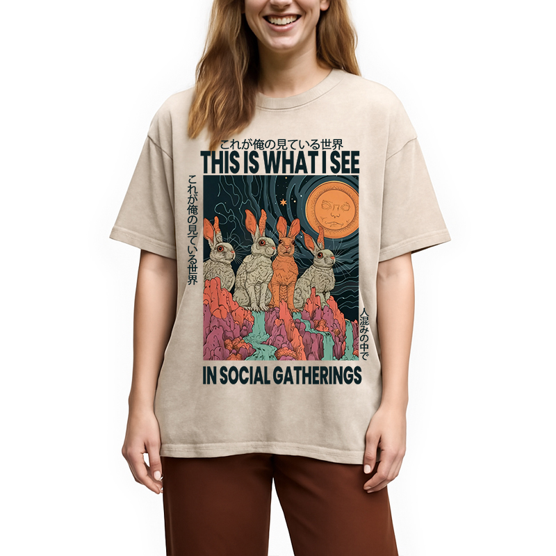 Modecanvas Funny Rabbit Japanese Social Anxiety DTG Printing Washed T-Shirt-modecanvas