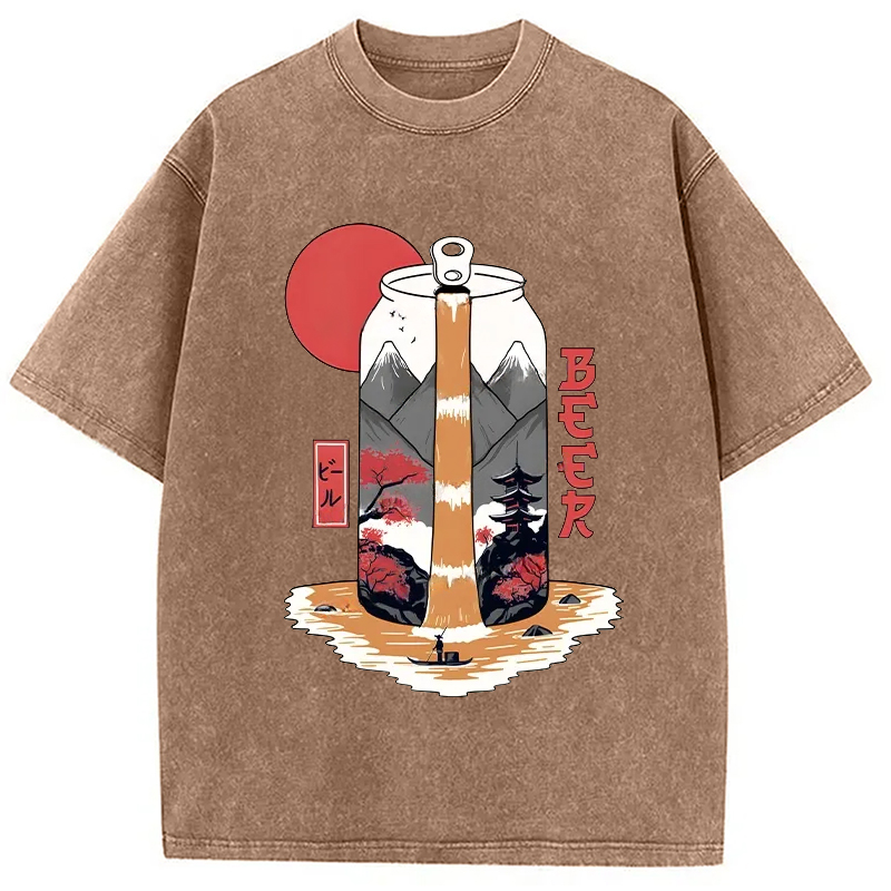Modecanvas Japanese Retro Beer Landscape Washed T-Shirt