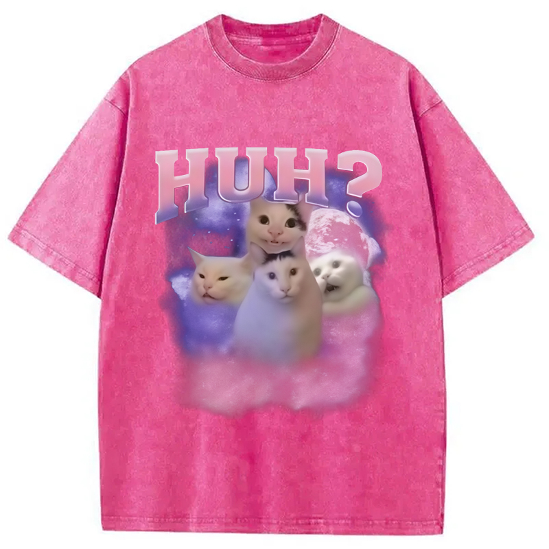 Modecanvas Pink Funny Meme Huh Cat Washed T-Shirt-modecanvas