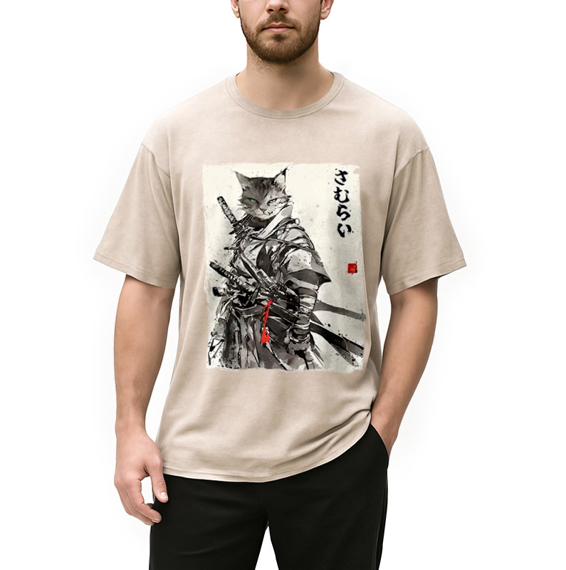 Modecanvas Retro Japanese Cat Samurai Washed T-Shirt