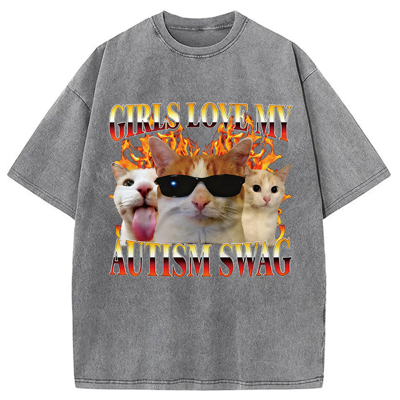 Modecanvas Girls Love My Autism Swag Funny Cat Meme DTG Printing Washed T-Shirt