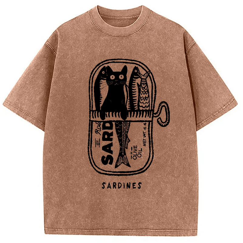 Modecanvas Cat Hiding In A Sardine Can Washed T-Shirt-modecanvas