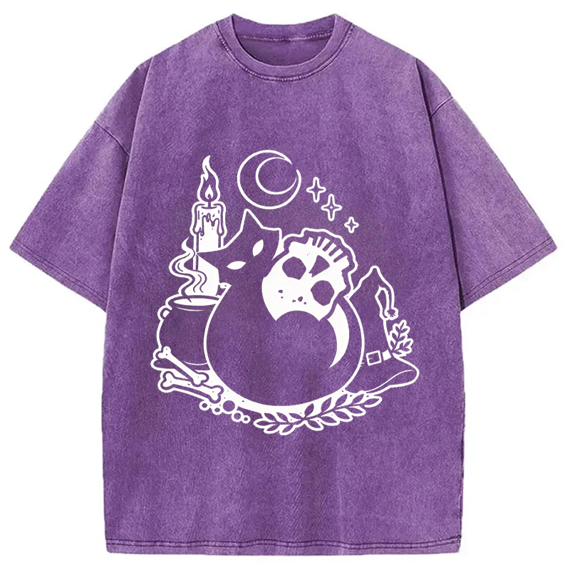 Modecanvas Black Cat Holding Skull DTG Printing Washed T-Shirt