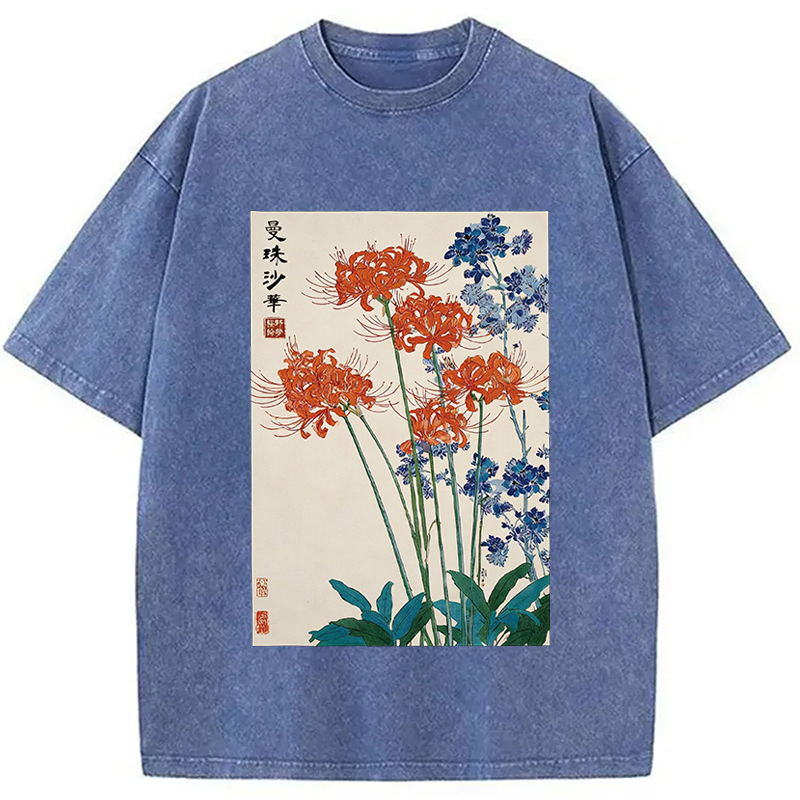 Modecanvas Red Spider Lily Bloom DTG Printing Washed T-Shirt