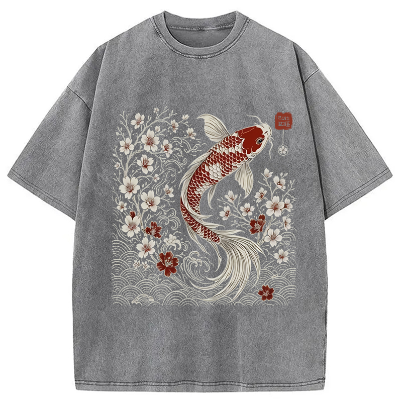 Modecanvas Vintage Sakura And Koi Washed T-Shirt-modecanvas