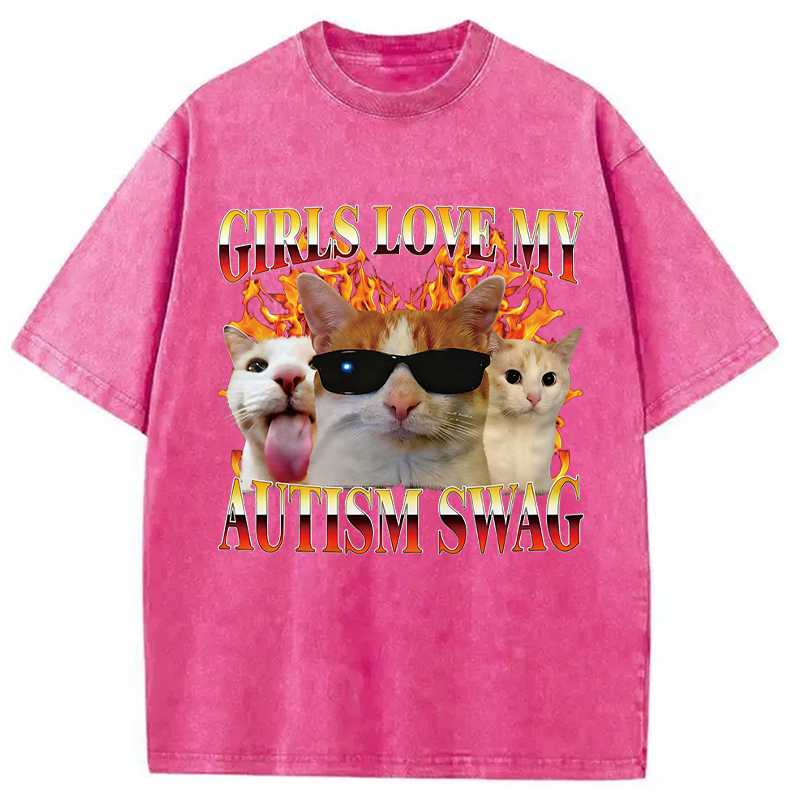 Modecanvas Girls Love My Autism Swag Funny Cat Meme DTG Printing Washed T-Shirt