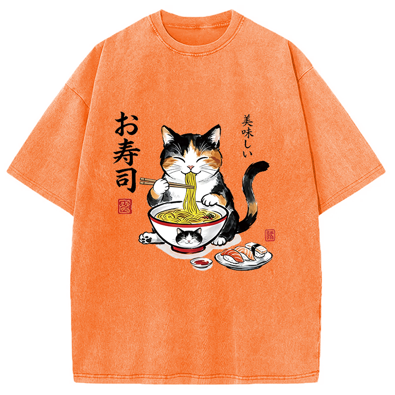 Modecanvas Cats Eat Japanese Food DTG Printing Washed T-Shirt