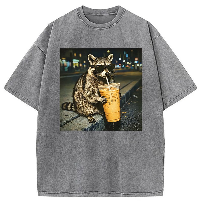 Modecanvas Racoon with a Ice Coffee Washed T-Shirt-modecanvas