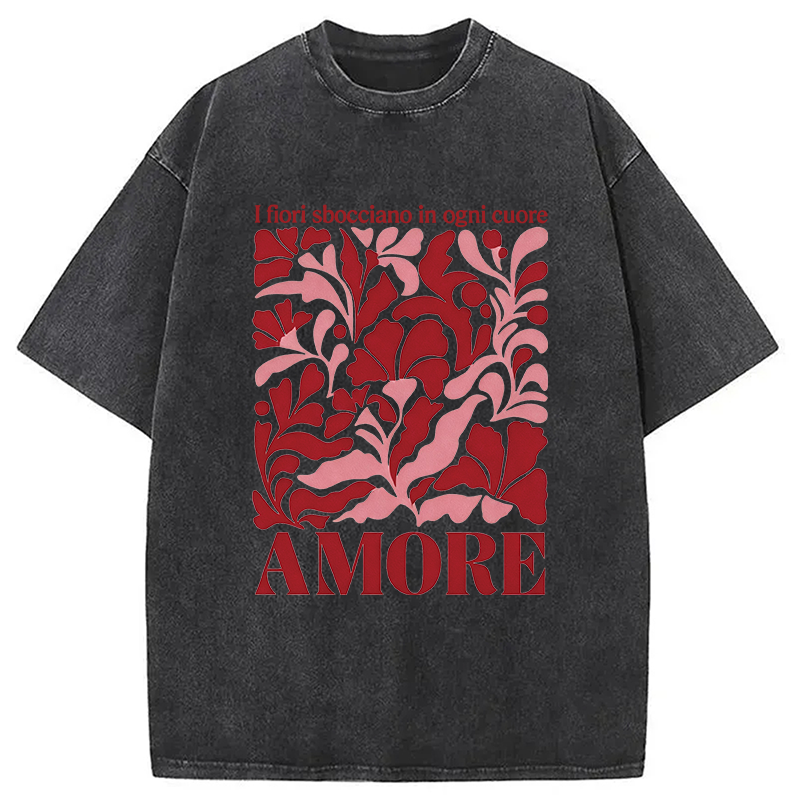 Modecanvas Red Floral Amore DTG Printing Washed T-Shirt-modecanvas